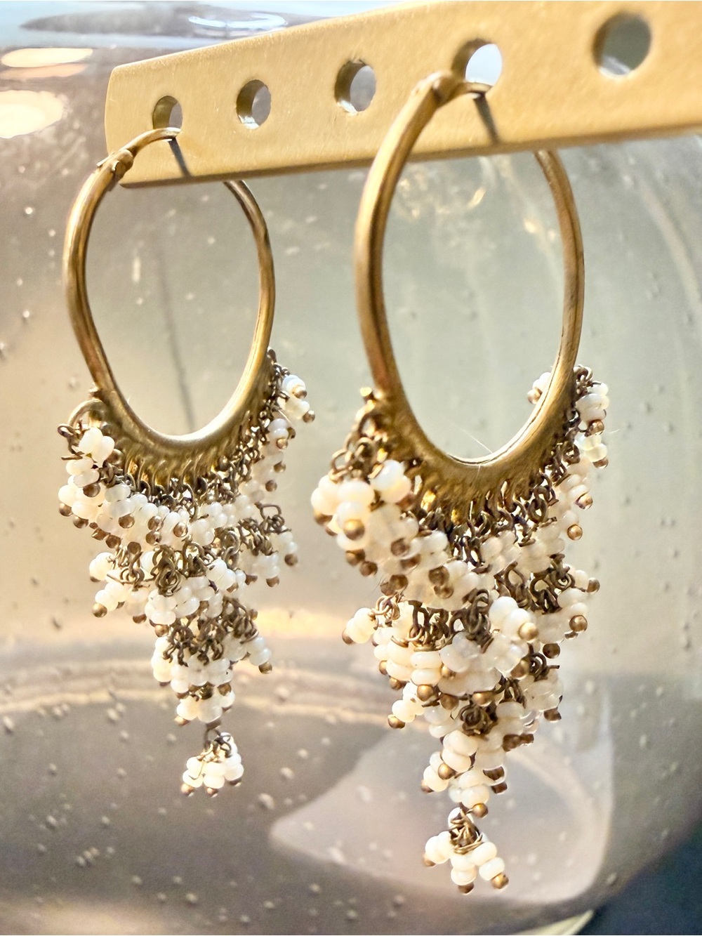 Women’s Handmade Gold Tone White Beaded Chandelier Hoop Earrings
